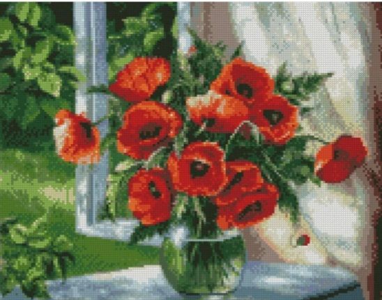 Алмазна картина Букет маків на підвіконні