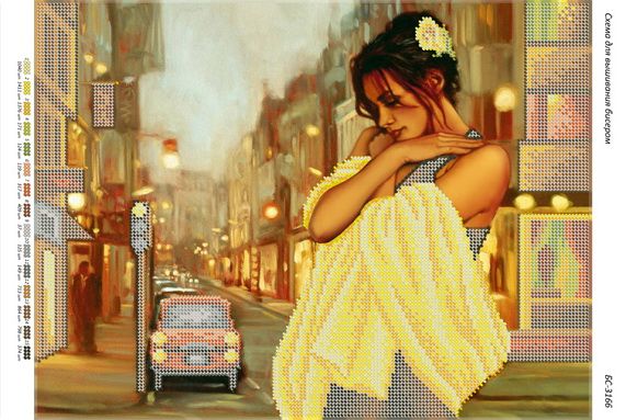 Схема для вишивки Дівчина у жовтому  на тлі міста Схема для вишивки Дівчина у жовтому  на тлі міста