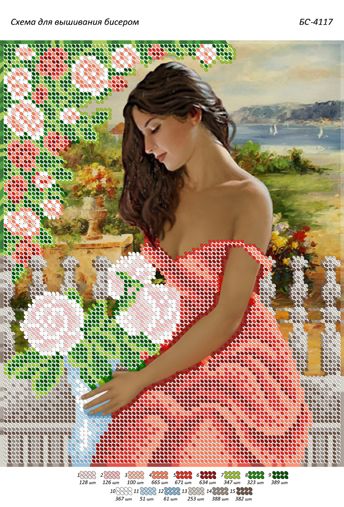 Схема для вишивки Дівчина у червоному на балконі Схема для вишивки Дівчина у червоному на балконі